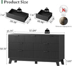Fluted Dresser with 7 Drawers, 58" Wide Wood Chest of Drawers with Metal Handle, Wooden Dresser TV Stand, Modern Closet Clothes Storage Organizer for Bedroom, Living Room, Hallway, Solid Black
