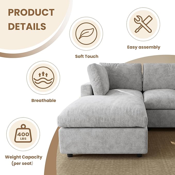 WJShome V Shaped Sectional Cloud Couch, 100 Inch 5-Seater Modern Modular Sofa,Chenille Deep Seat Couches for Living Room
