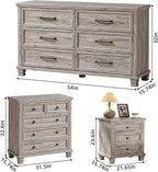 Farmhouse Bedroom Dresser and Nightstand Set of 4, 6 Drawer Low & 5 Drawers Dresser & 3 Drawer Nightstand Set with Wooden Legs, Rustic Wood Bedroom Furniture for Livingroom, Hallway, Grey