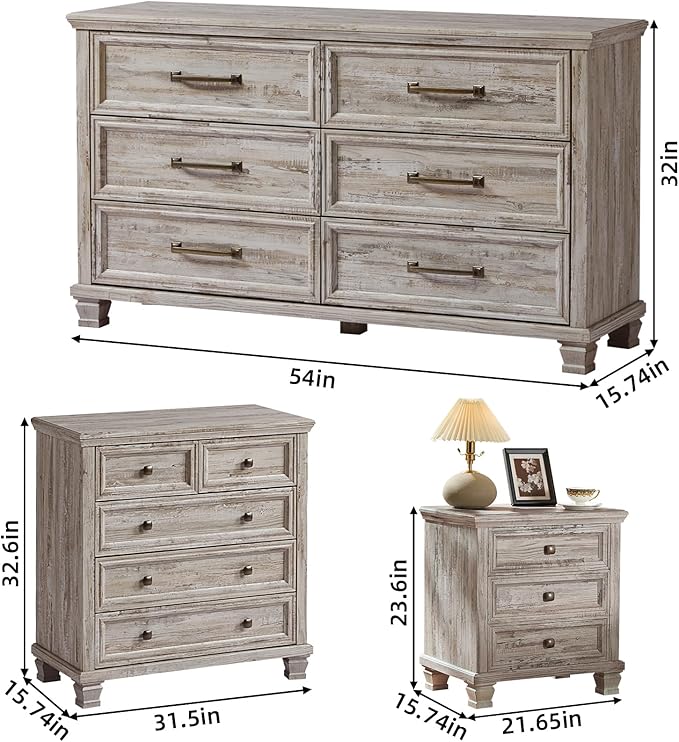 Farmhouse Bedroom Dresser and Nightstand Set of 4, 6 Drawer Low & 5 Drawers Dresser & 3 Drawer Nightstand Set with Wooden Legs, Rustic Wood Bedroom Furniture for Livingroom, Hallway, Grey