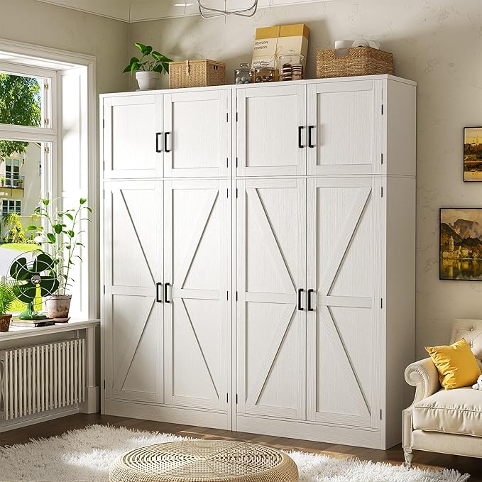 Unikito 71” Tall Storage Cabinet, Farmhouse Kitchen Pantry Cabinet with Adjustable Shelves and Barn Doors, Large Bathroom Storage Cabinet, Storage Cupboard for Dinning, Living Room, Office, 2 Pack
