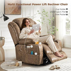 HUSFU Oversized Power Lift Recliner Chair with Massage and Heat for Elderly, Electric Leather Recliner with 2 Cup Holders, Side Pocket and USB Port,Brown