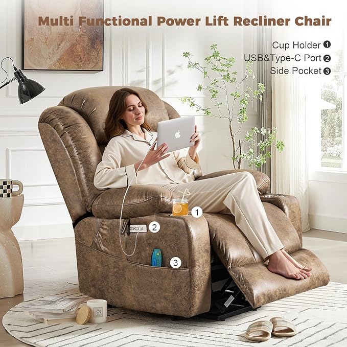 HUSFU Oversized Power Lift Recliner Chair with Massage and Heat for Elderly, Electric Leather Recliner with 2 Cup Holders, Side Pocket and USB Port,Brown