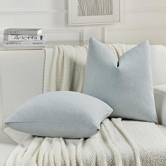 FUTEI Dusty Blue Chenille Decorative Throw Pillow Covers 26x26 Inch Set of 2,Soft Cozy Faux Linen Textured Euro Pillow Shams,Farmhouse Home Decor for Couch Living Room