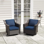 Patio 2 Pieces Wicker Swivel Chairs Set of 2，Outdoor PE Rattan Rocking Glider Armchairs, Water-Resistant Cushions with Removable and Washable Covers, Porch, Balcony, Sunroom (Navy Blue)