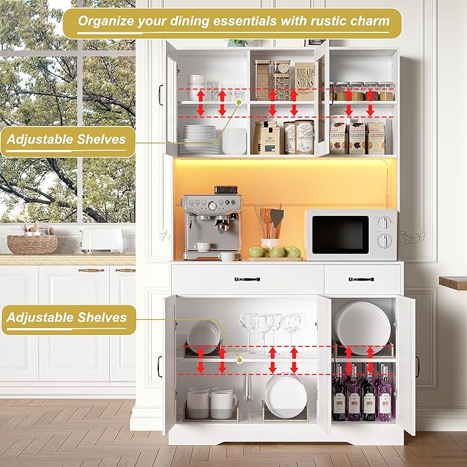 71" Kitchen Pantry Cabinet: Hutch Cabinets with Glass Doors, Pantry Cabinets with Drawers, Adjustable Shelves, LED Light & Power Outlets for Kitchen, Living Room, Dining Room