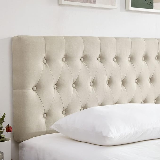 Kingfun Tufted Upholstered Full Size Bed Headboard in Modern Button Design, Adjustable Solid Wood Head Board, Premium Linen Fabric Padded Headboards in Bedroom (Beige)