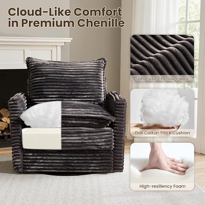 98" Modular Sectional Sofa Set with Swivel Chair, Modern Cloud Couch Plush Corduroy 3 Seater Deep Seat Sofas with Accent Armchair for Living Room Small Space, Gray