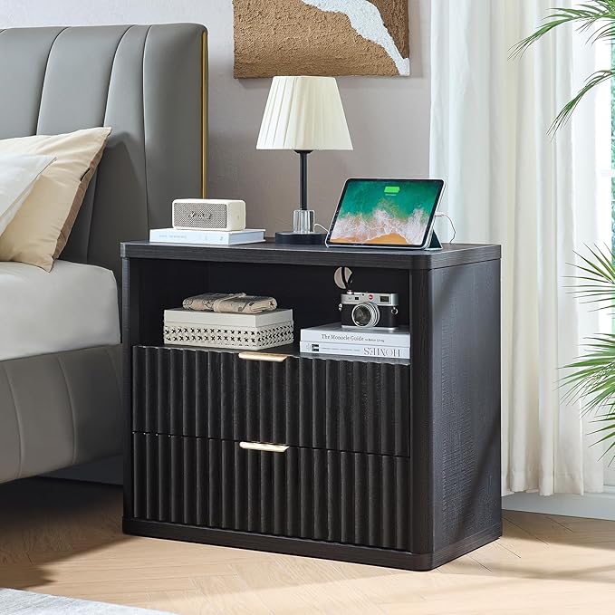 LEYAOYAO 31" Wide Fluted Nightstand with Charging Station, Oversized Extra Large 2 Drawers Night Stand,Black Wood Bedside Table,Tall Bed Side End Tables,Modern Chest of Drawers Dressers for Bedroom