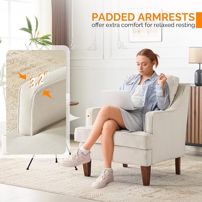 VINGLI Mid-Century Modern Accent Chair, Beige Upholstered Armchair Comfy Sofa Chair Reading Chair High Back for Living Room Bedroom Furniture Apartment