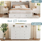 Queen Murphy Bed with Storage & Charging Station, Murphy Cabinet with Foldable Panel, Noisy Free, for Guest Bedroom, Living Room, Office, Distressed White