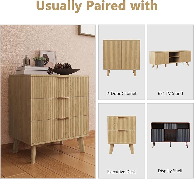 Fluted 3 Drawer Dressers, Modern Closet Dressers Chest of Drawers, Wood Storage Dresser Chest of Drawers Organizer for Bedroom Living Room Hallway Closet(Natural)
