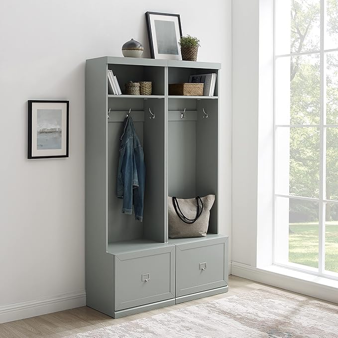 Crosley Furniture Harper 2-Piece Hall Tree Entryway Set with Storage Bench and Coat Rack Hooks for Hanging, Gray