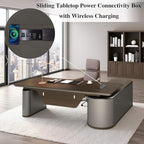 86.6" Reversible L-Shaped Adjustable Height Executive Desk with Oval Storage Cabinet - Black/Brown Standing Desk, Rounded Corners, 3 Drawers & 2 Door Compartments, Flexible Home & Office Workstation