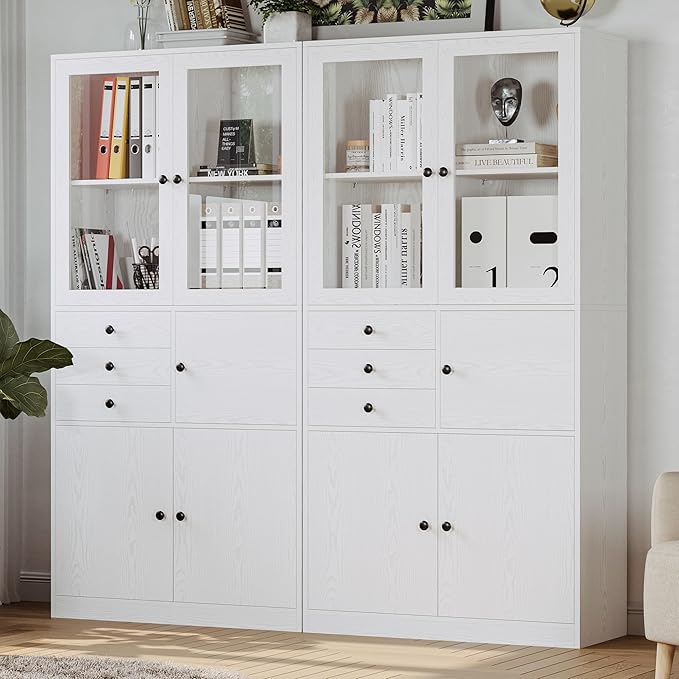 IRONCK Bookcase with Doors, Bookcases and Bookshelves with Drawers, 5 Tier Book Shelf with Acrylic Doors, Display Shelf for Living Room, Home Office, Study, White