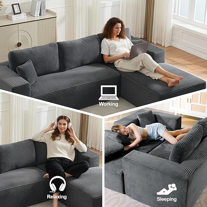 Cloud Modular Sectional Sleeper Sofa,U-Shape Modern Boneless Sectional Couch with Deep Seat,Upholstered Couches for Living Room Bedroom,No Assembly Required,Grey