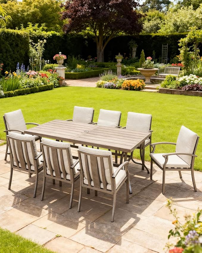 9-Piece Outdoor Dining Set, Aluminum Patio Dining Set with 2.2" Umbrella Hole, Outdoor Table and Chairs with Thick Cushions, Patio Furniture Sets for Decks, Lawn, Garden, Backyard, Limed Oak