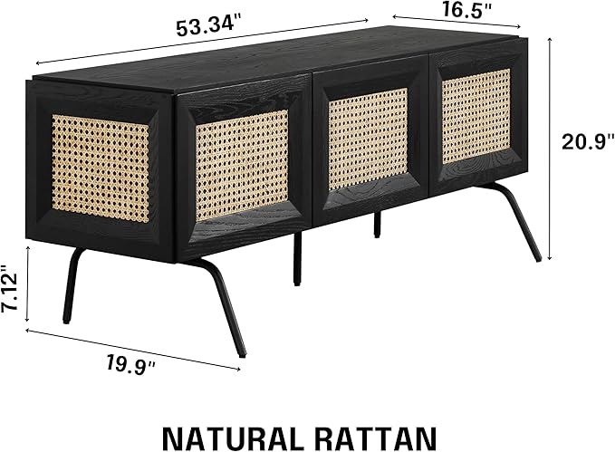 NTC Mossic TV Media Cabinet with 3 Doors for TVs, Entertainment Center with Natural Rattan, Metal Legs, Modern Storage Console for Living Room and Bedroom, Effortless Assembly, Burnt Black