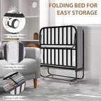 Folding Bed with Memory Foam Mattress, Portable Rollaway Guest Beds on Wheels, 75"x38" Twin Size Space-Saving Cot-Size Bed for Adults with Easy Assembly Metal Frame (White)