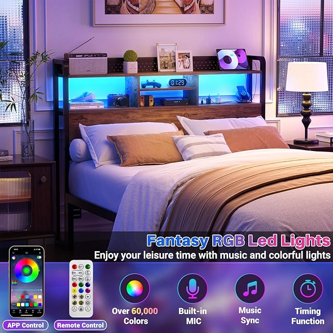 Unikito Headboard for Twin Size Bed with Storage Shelf, Head Board with 3 Outlets and 2 USB Ports, Headboards with RGB LED Light, Height Adjustable, Sturdy and Stable, Easy Assembly, Rustic Brown