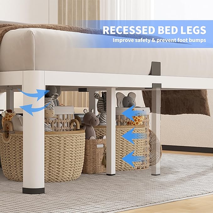 ROIL 14 Inch White Full Size Bed Frame with Rounded Corner and Headboard Hole Mattress Retainers 3500LBS Heavy Duty Steel Slats No Box Spring Needed Platform Noise-Free Easy Assembly