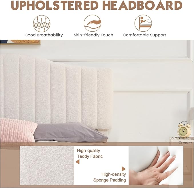 VECELO Full Size Beds Upholstered Platform Bed Frame with Height-Adjustable Teddy Fabric Headboard/Strong Wood Slats Supports / 7.9'' Under Bed Storage Space/Noise Free/No Box Spring Needed, Cream