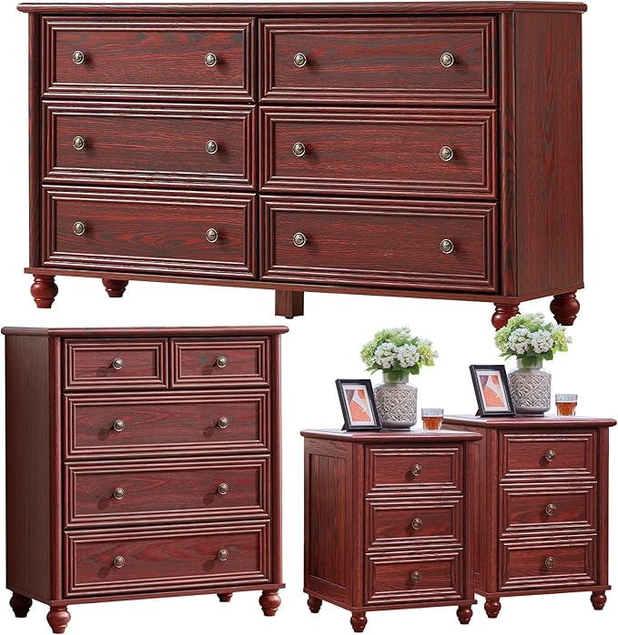Farmhouse Dressers & Night Stand Set of 4, Wood 54" Wide 6 Drawer Dresser & 35" Tall Chest of Drawers, 18" Roman Column Nightstand Set of 2, Bedroom Furniture Dresser Sets for Home Living Room Hallway