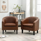 KINWELL 29" W Faux Leather Barrel Chairs Set of 2, Modern PU Upholstered Tufted Club Chairs with Nailhead Trim, Small Armchairs Accent Chairs for Living Room Bedroom Apartment Lounge Nursery, Brown