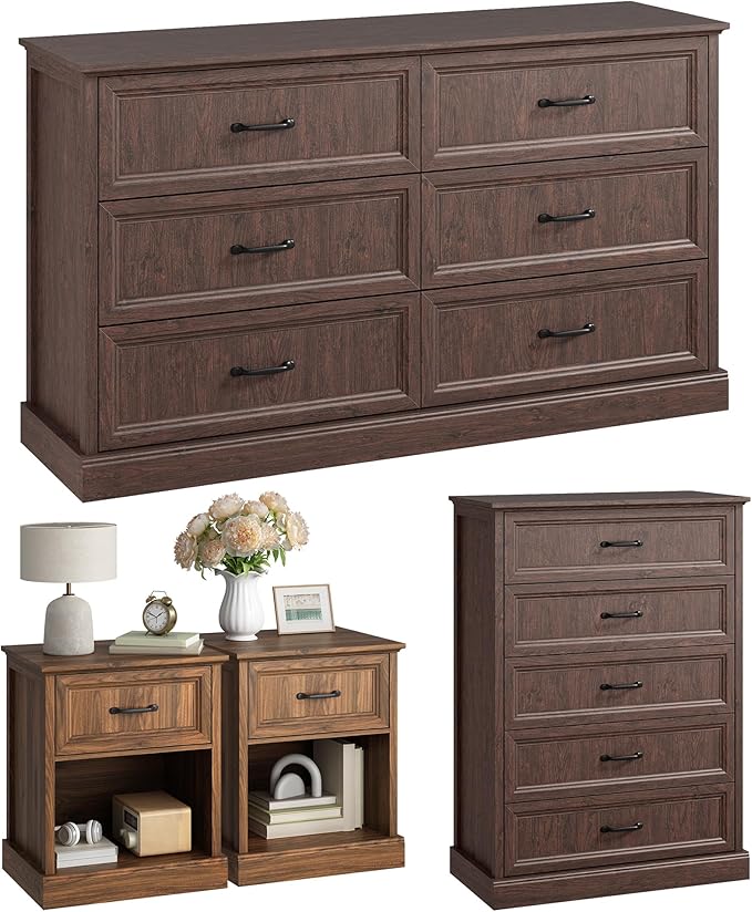 CARPETNAL Farmhouse Dresser and Nightstand Sets for Bedroom, 4 Pcs Bedroom Set, 5 Drawer & 6 Drawer Dresser and Nightstand Set of 2, Wood Chest of Drawers for Living Room, Entryway, Brown