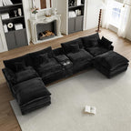 HYJT-H&K 145" U Shaped Cloud Couch Modular Dark Black Sectional Couches for Living Room, Comfy Fluffy Corduroy Oversized Cloud Sectional Couch Large 6 Seat Sectionals Sofa Set Central Console USB Port