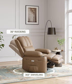 27" Oversized Power Recliner Chair, Faux Leather Rocking Chair with Heat & Massage, 360° Swivel Modern Electric Recliner with Cup Holder ＆ USB Charging for Living Room, Bedroom, Nursery - Khaki