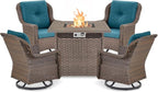 Outdoor Patio Swivel Gliders with Fire Pit Table 5 Piece Set - High Back Brown Wicker Rattan Rocking Chair with Thick Cushion for Porch Apartment Deck Yard Poolside Garden - Peacock Blue