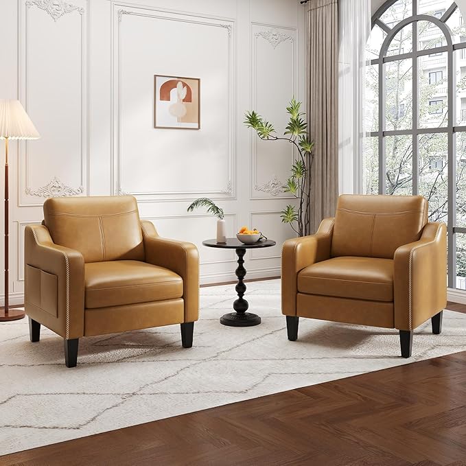 PU Leather Accent Chair, Mid-Century Modern Living Room Armchair Sofa with Removable Cushions, Solid Wood Frame & Stitched Armrest Design, Bedroom Chair with Plastic Legs, Brown