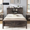 AMERLIFE Farmhouse Full Bed Frame with Storage Headboard & Charging Station, Rustic Wood Platform Bed with Barn Door Bookcase, No Box Spring Needed, Dark Oak Bedroom Furniture