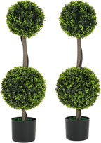 Christopher Knight Home Alene Set of 2 34''H Pre-Potted Artificial Tree Indoor, Artificial Topiary Boxwood Tree Double Ball with Pot, Faux Tree with Natural Wood Trunk with Black Plastic Pot, Green