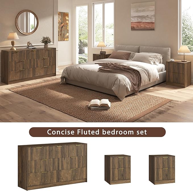 3-Piece Modern Bedroom Furniture Set, Wide 7-Drawer Dresser & 2-Drawer Nightstands Set of 2, Natural Wood Dresser and Nightstand Sets for Bedroom, Hallway, Walnut