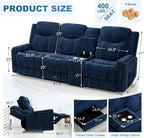 Recliner Sofa, 2 - Way Multi - Function Manual 3 Seater Couch with Cup Holders, Storage & USB Ports, Modern Multifunctional Sofa, Cloud-Like Blue Fabric Reclining Couch for Living Room