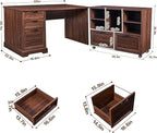 60" L-Shaped Executive Desk with 40" File Cabinet,Farmhouse Home Office Desk with Charging Station,Wood Computer Desk Set for Office Work,Home Study (Brown)