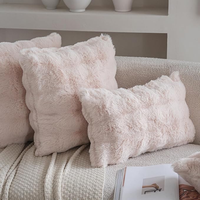 Neelvin Beige Faux Fur Cozy Soft Double-Sided Decorative Throw Pillow Covers 16x16 inch Set of 2,Velvet Pillowcase Cushion Case for Sofa Couch