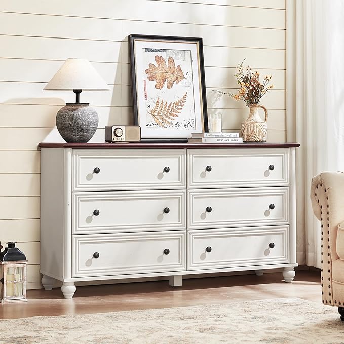 Farmhouse Dressers & Night Stand Set of 4, Wood 54" Wide 6 Drawer Dresser & 35" Tall Chest of Drawers, 18" Roman Column Nightstand Set of 2, Bedroom Furniture Dresser Sets for Home Living Room Hallway