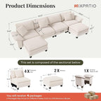 157-Inch U Shaped Sectional Sofa with Cloud Cushions, Deep Seat Modular Couch Set w/ 6 Seats & 2 Ottomans, Plush Chenille & Corduroy Upholstery for Living Room, Apartment - Beige