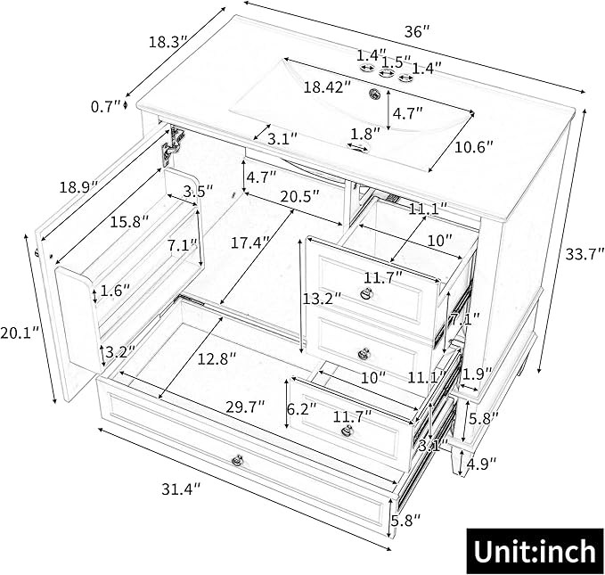 36 Inch Bathroom Vanity with Sink Set, Undermount Vanity Sink Cabinet with 3 Drawers and Door Storage, Soft Closing Door, Wood Frame, White