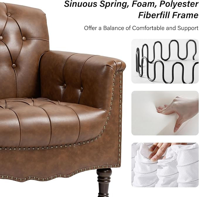 Faux Leather Accent Chair, PU Leather Modern Comfy Upholstered Armchair with Wood Legs & Nailhead Trim for Living Room, Bedroom (Brown,Set of 2)
