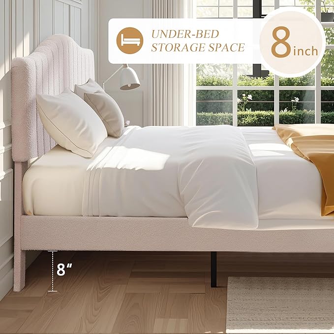 VECELO Full Size Upholstered Platform Bed Frame with Adjustable Teddy Fabric Headboard, Strong Wood Slats, 7.9" Under-Bed Storage, Noise-Free, No Box Spring Needed - Beige