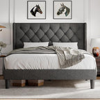 iPormis Full Size Platform Bed Frame with Button Tufted Headboard, Upholstered Bed Frame with Solid Wooden Slats, 8" Underbed Space, No Box Spring Needed, Noise Free, Easy Assembly, Dark Gray