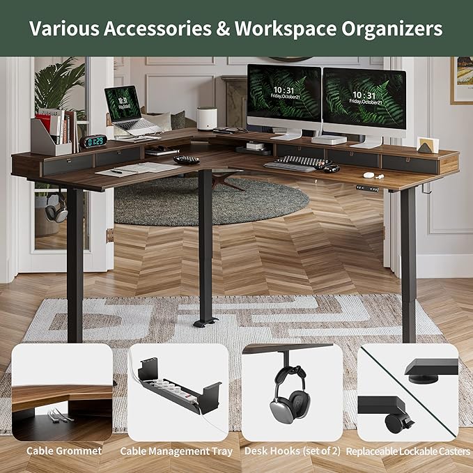 FEZIBO 75", 265lbs Load Capacity, L Shaped Standing Desk with Drawers, Reversible Electric Standing Gaming Desk Adjustable Height, Corner Stand up Desk with Splice Board, Black Frame/Black Walnut Top