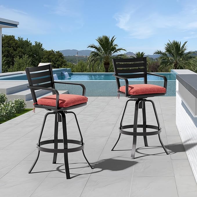 Pellebant Outdoor Bar Stools Set of 4 with Sunbrella Cushion, 29.5" Aluminum Swivel Bar Height Stool Chairs with Back & Footrest, Rust-Proof Patio Bartools for Deck Lawn Garden,Red