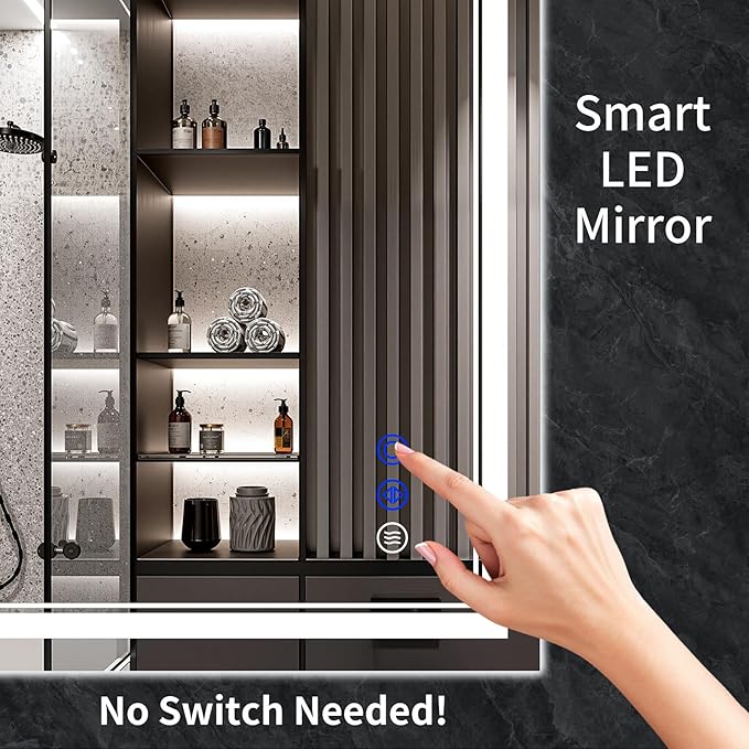 48"x36" LED Bathroom Mirror with Anti-Fog, Stepless Dimmable Lights, 3 Color Modes, Shatter-Proof Tempered Glass, Memory Function & Waterproof Design