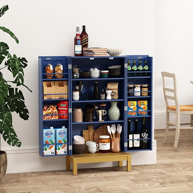 ARTPOWER 45'' Kitchen Pantry Cabinet, 4 - Layer Storage Cupboard with Adjustable Shelves for Storage Cabinet Pantry, Food Pantry Cabinet for Kitchen, Dining Room and Living Room,Gold Legs, Blue
