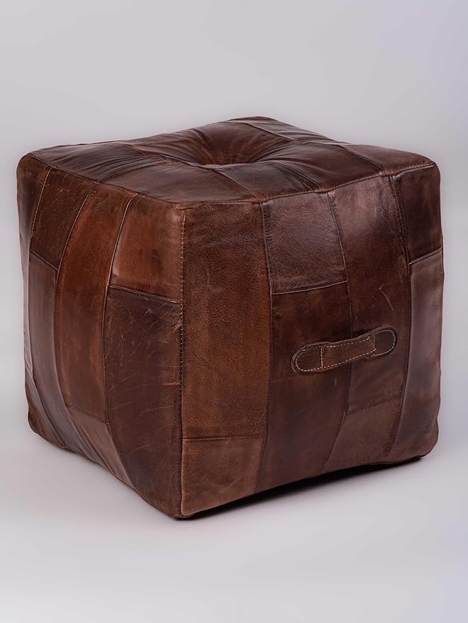 Handmade Eco-Friendly Geometric Leather Pouf Brown Color Square 16" x 16" x 16" Buffalo Leather Pouf for Living Room, Bedroom Seating, Patio